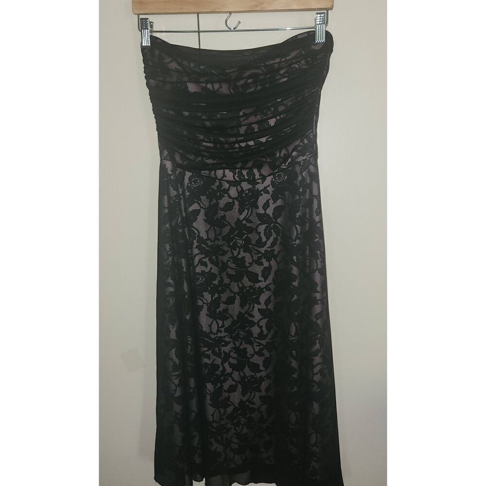 D9 Studio Y Strapless Sheer Black Cocktail Midi Dress-Pink & Black Floral Lining